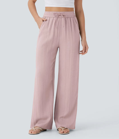 Pantalones Casuales de Cintura Alta con Cordón y Bolsillos, Estilo Lino, Pierna Ancha
