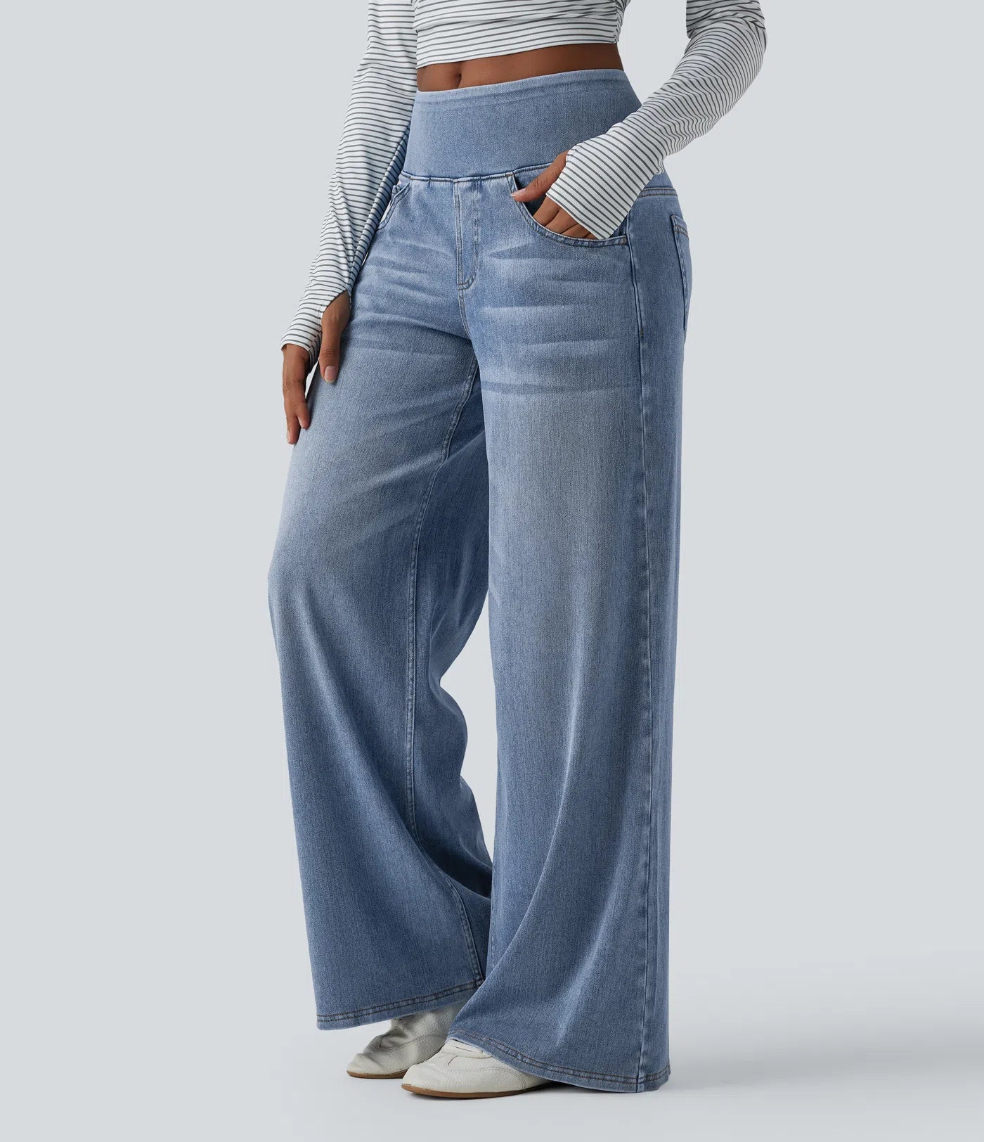 Jeans baggy casual de pierna ancha tiro medio en Lyocell efecto lavado bolsillos