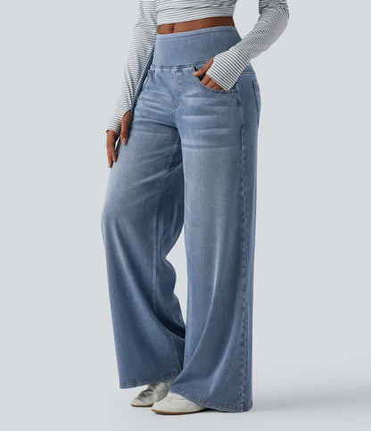 Jeans baggy casual de pierna ancha tiro medio en Lyocell efecto lavado bolsillos