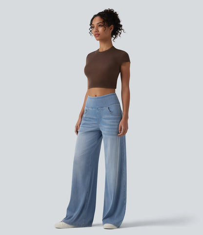 Jeans baggy casual de pierna ancha tiro medio en Lyocell efecto lavado bolsillos