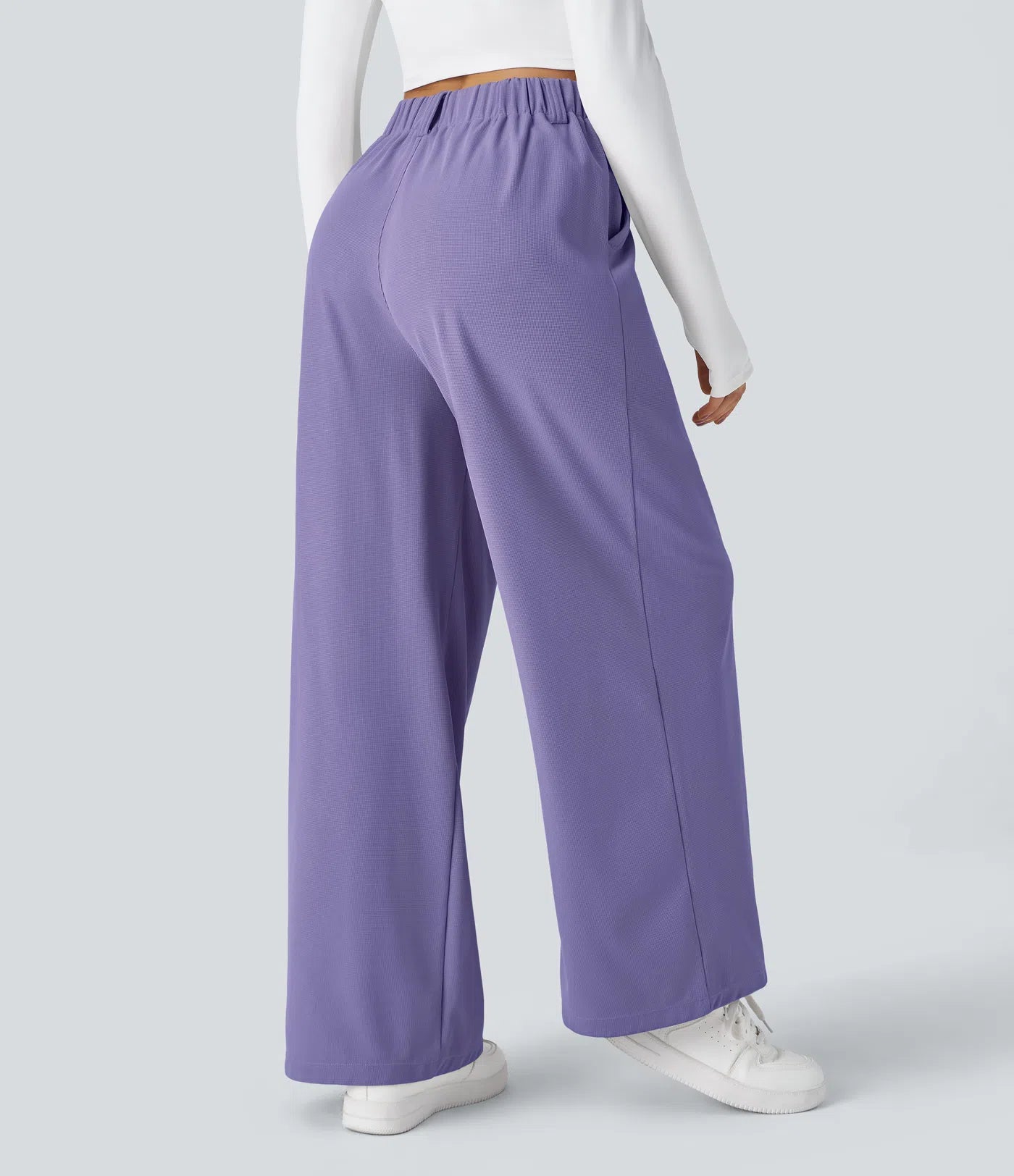 Pantalones cintura alta de pierna ancha tejido Waffle bolsillos cómodo oficina