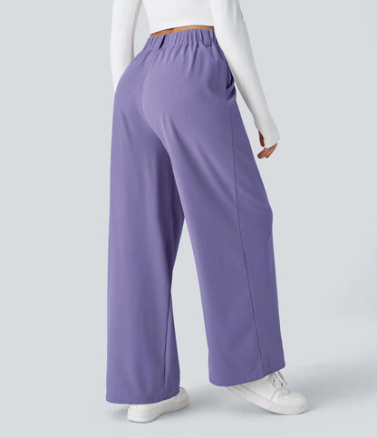 Pantalones cintura alta de pierna ancha tejido Waffle bolsillos cómodo oficina