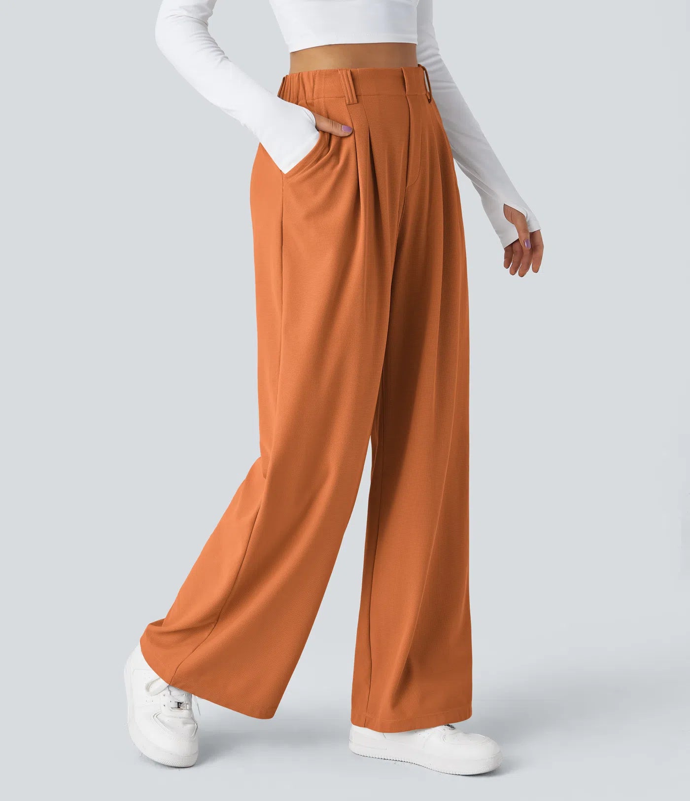 Pantalones cintura alta de pierna ancha tejido Waffle bolsillos cómodo oficina