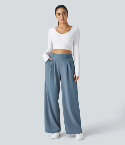 Pantalones cintura alta de pierna ancha tejido Waffle bolsillos cómodo oficina