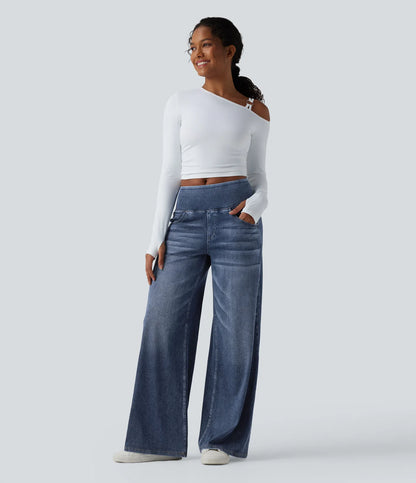 Jeans baggy casual de pierna ancha tiro medio en Lyocell efecto lavado bolsillos