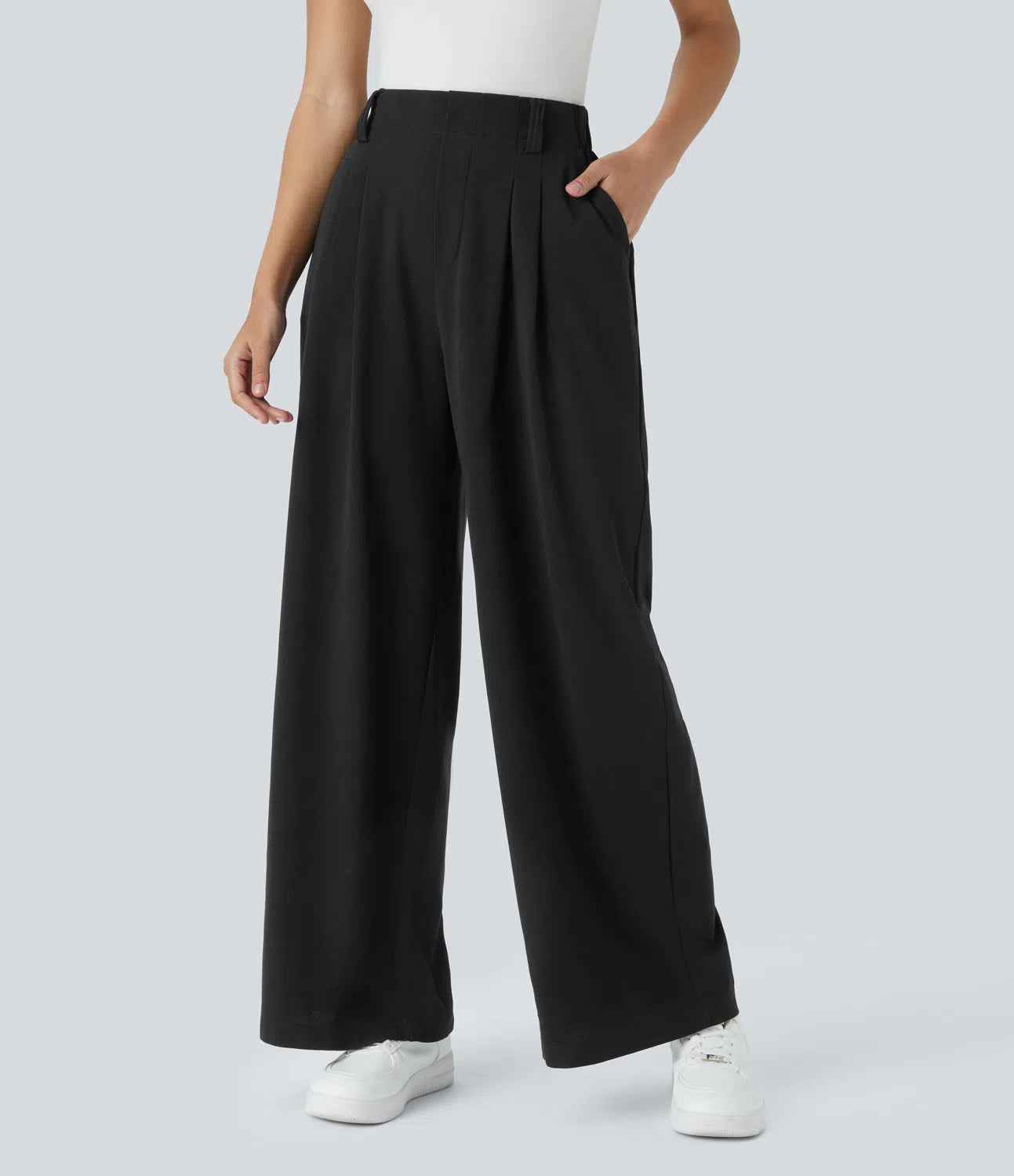 Pantalones cintura alta de pierna ancha tejido Waffle bolsillos cómodo oficina