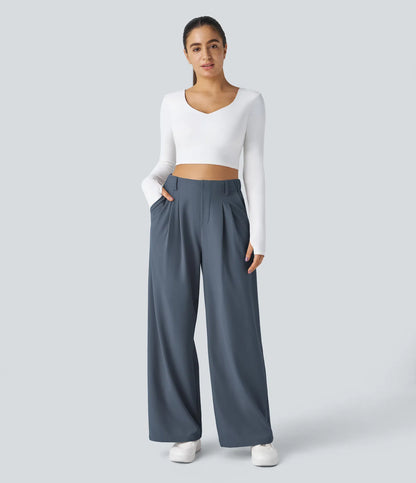Pantalones cintura alta de pierna ancha tejido Waffle bolsillos cómodo oficina
