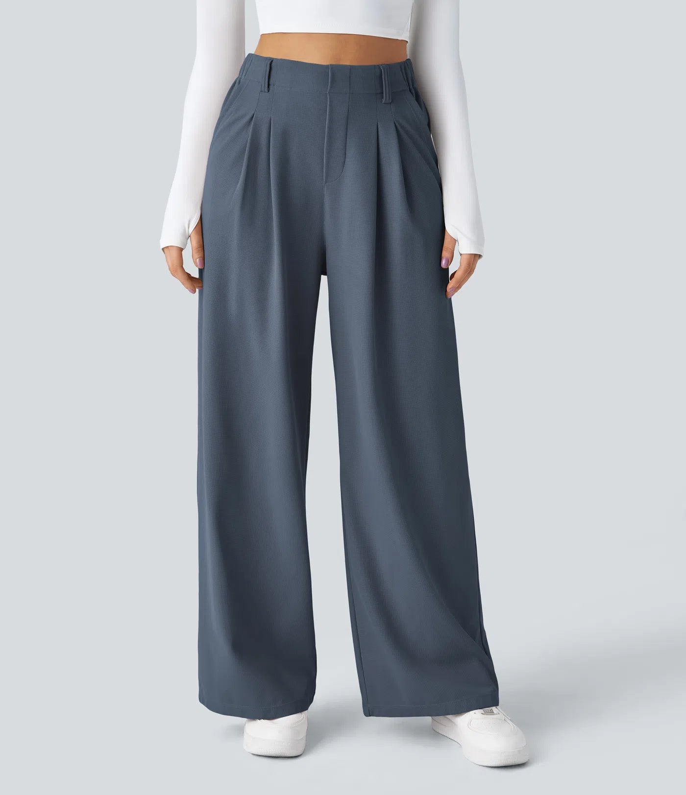 Pantalones cintura alta de pierna ancha tejido Waffle bolsillos cómodo oficina