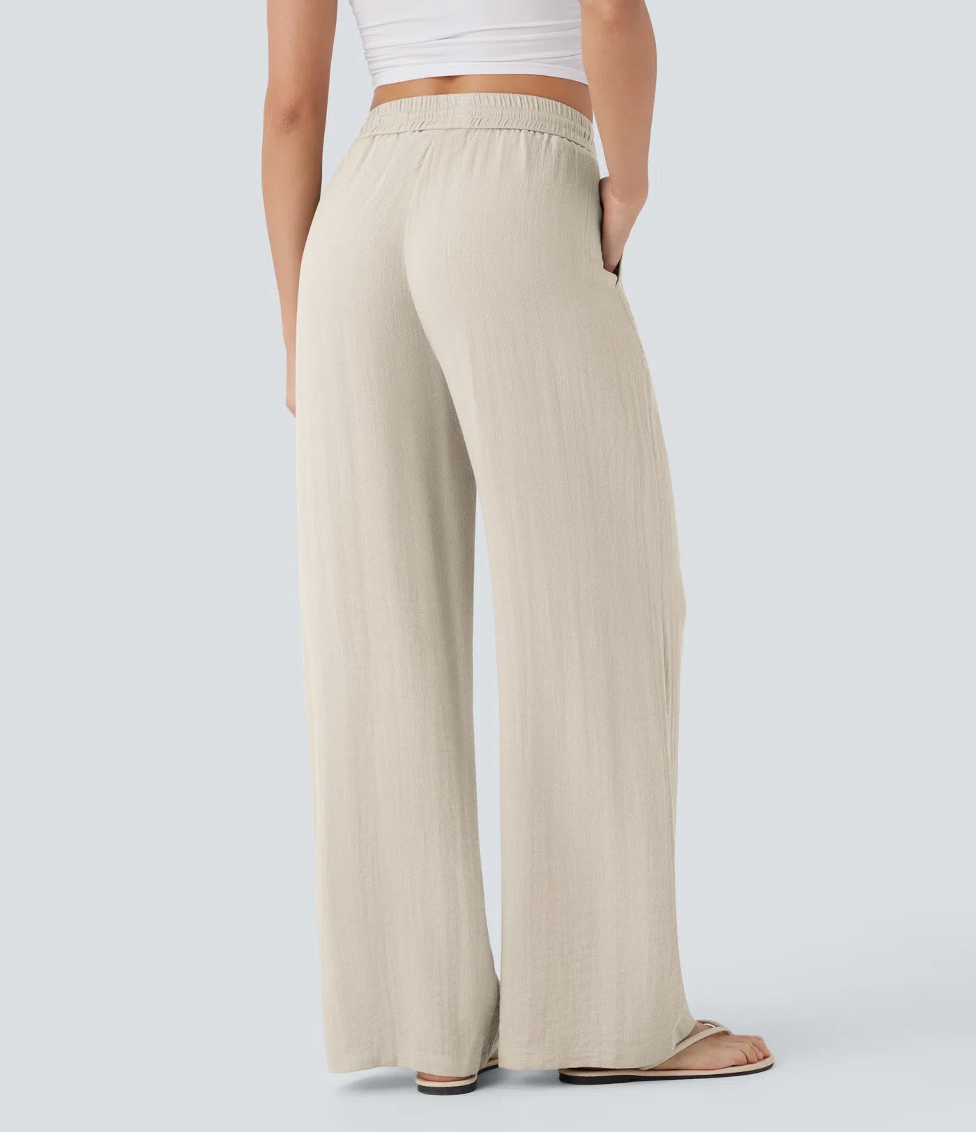 Pantalones Casuales de Cintura Alta con Cordón y Bolsillos, Estilo Lino, Pierna Ancha