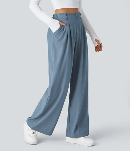 Pantalones cintura alta de pierna ancha tejido Waffle bolsillos cómodo oficina