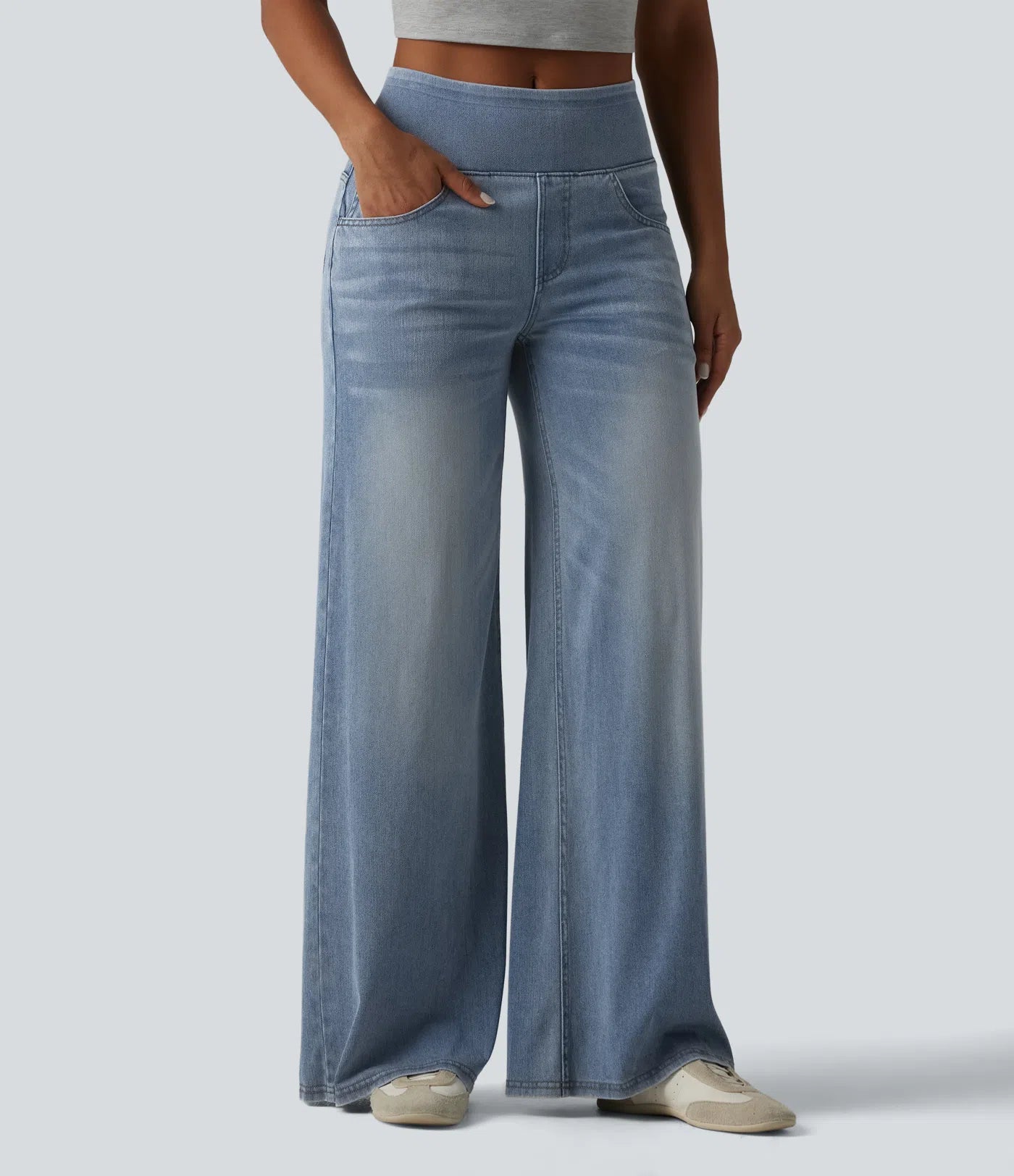 Jeans baggy casual de pierna ancha tiro medio en Lyocell efecto lavado bolsillos