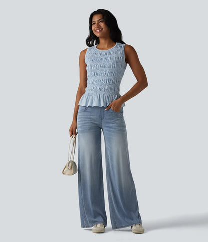 Jeans baggy casual de pierna ancha tiro medio en Lyocell efecto lavado bolsillos