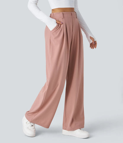 Pantalones cintura alta de pierna ancha tejido Waffle bolsillos cómodo oficina