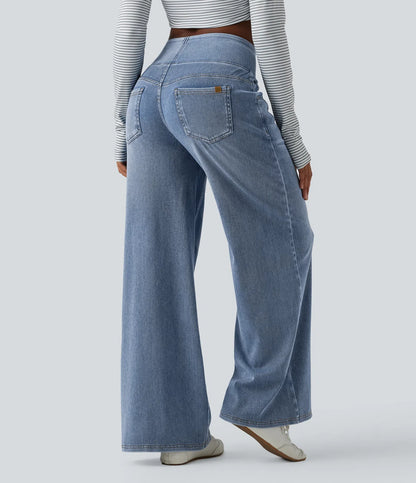 Jeans baggy casual de pierna ancha tiro medio en Lyocell efecto lavado bolsillos