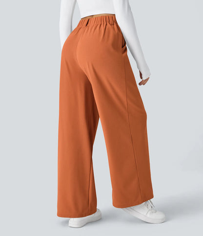 Pantalones cintura alta de pierna ancha tejido Waffle bolsillos cómodo oficina