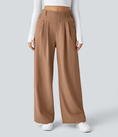 Pantalones cintura alta de pierna ancha tejido Waffle bolsillos cómodo oficina