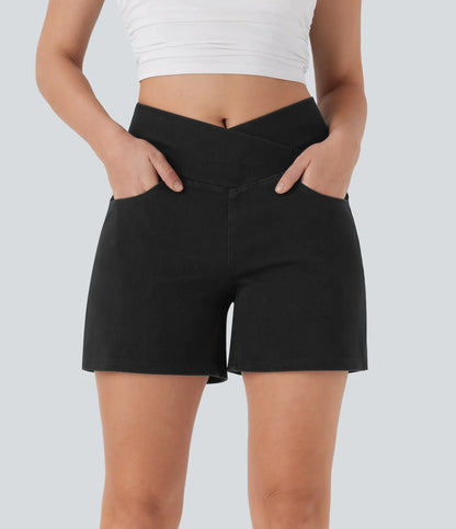 Shorts denim cintura alta con bolsillos, corte en A, pierna ancha y acabado lavado