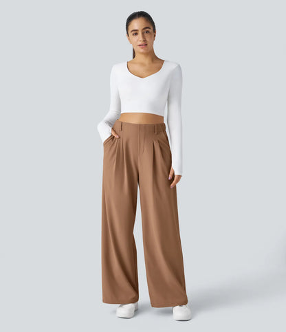 Pantalones cintura alta de pierna ancha tejido Waffle bolsillos cómodo oficina