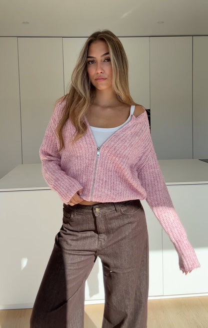 CARDIGÁN DE PUNTO ZIP ROSA