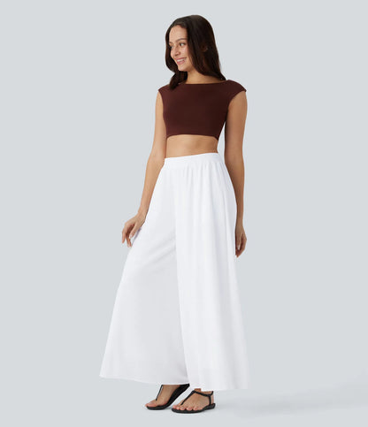 Pantalones relajados de talle alto, con bolsillos y sobreposición de malla, de pierna ancha
