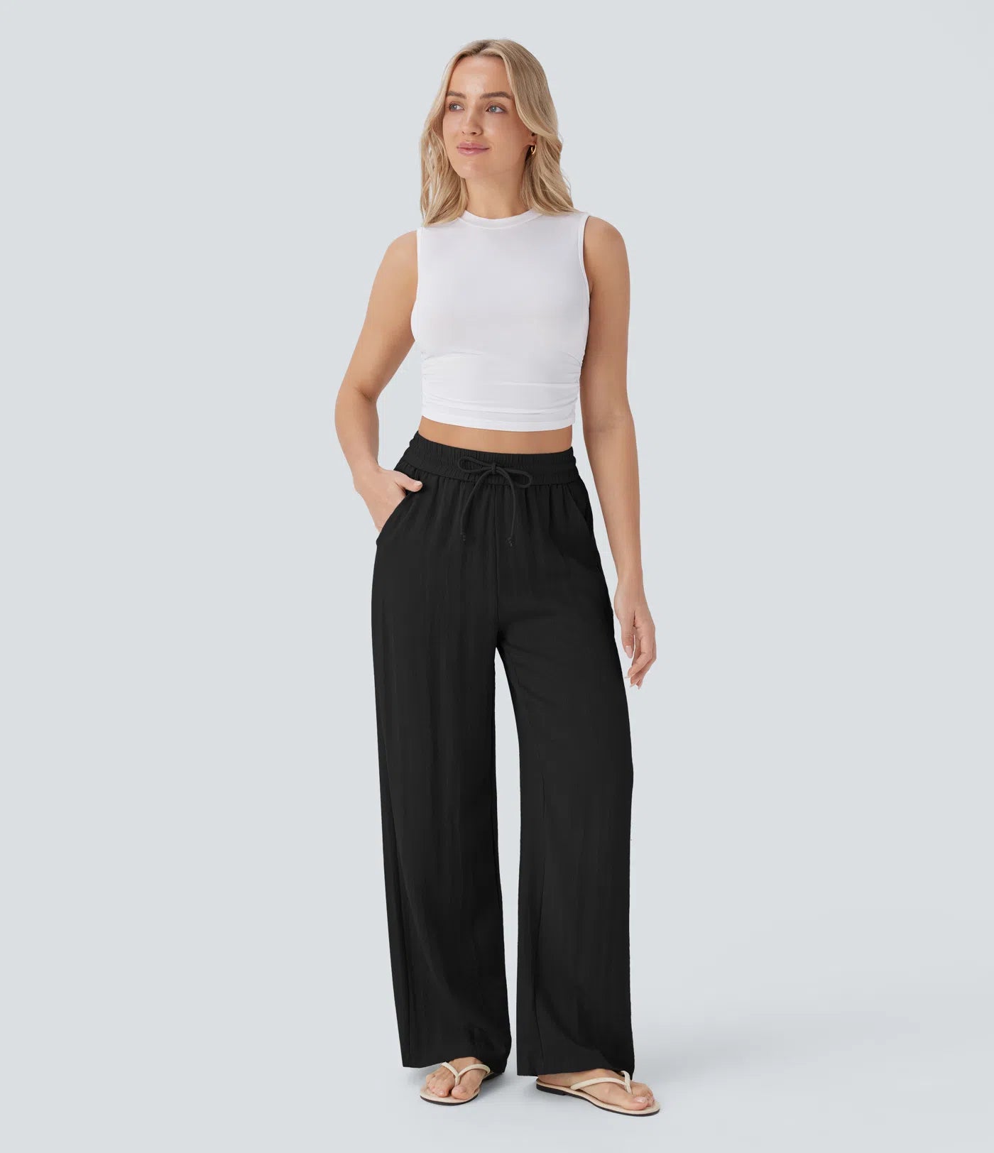 Pantalones Casuales de Cintura Alta con Cordón y Bolsillos, Estilo Lino, Pierna Ancha