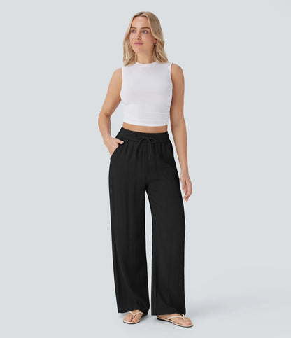 Pantalones Casuales de Cintura Alta con Cordón y Bolsillos, Estilo Lino, Pierna Ancha