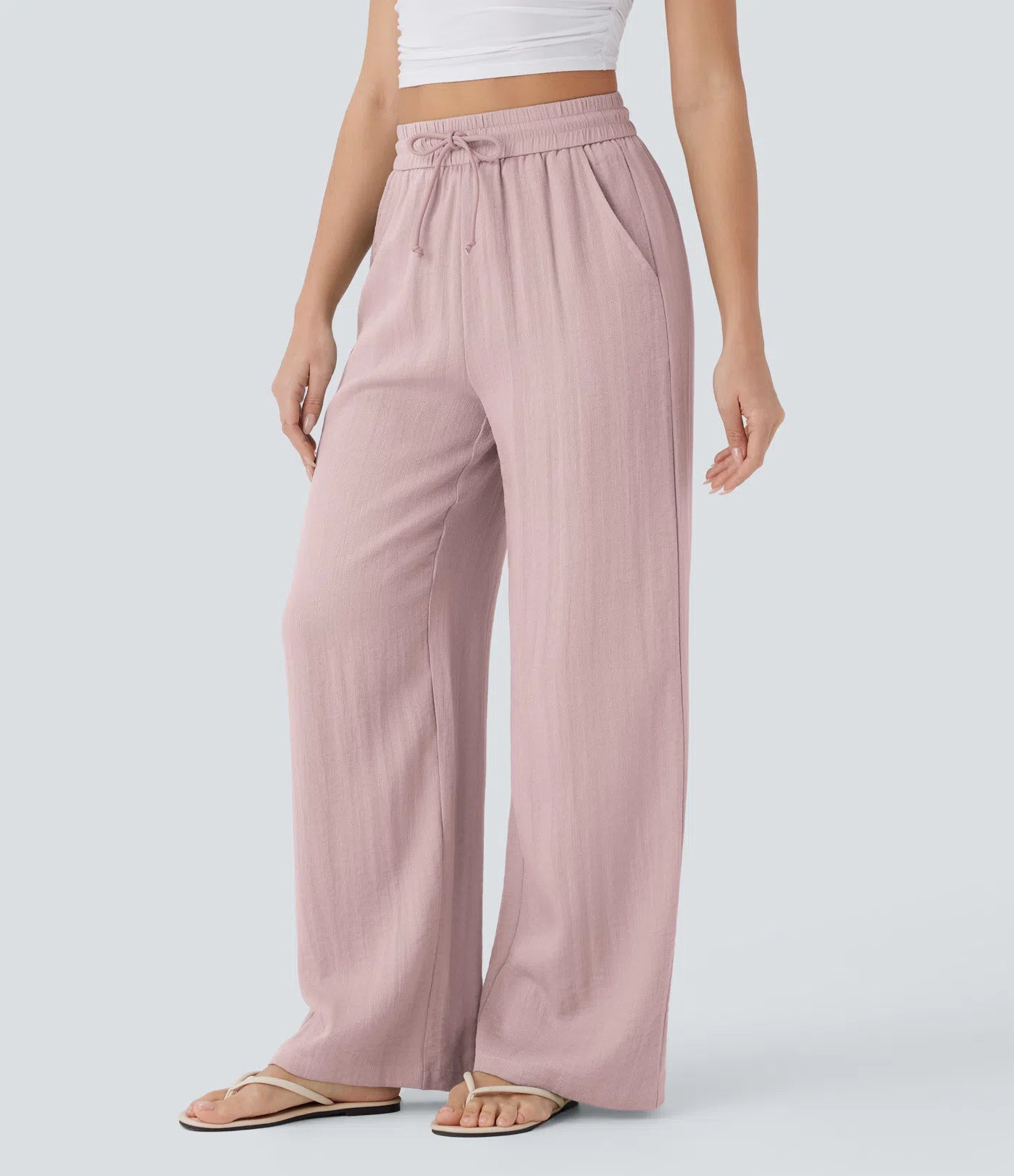 Pantalones Casuales de Cintura Alta con Cordón y Bolsillos, Estilo Lino, Pierna Ancha