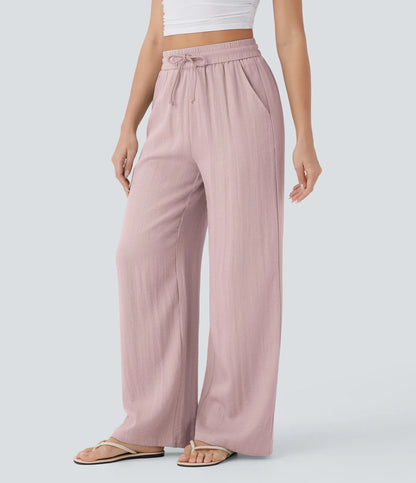 Pantalones Casuales de Cintura Alta con Cordón y Bolsillos, Estilo Lino, Pierna Ancha