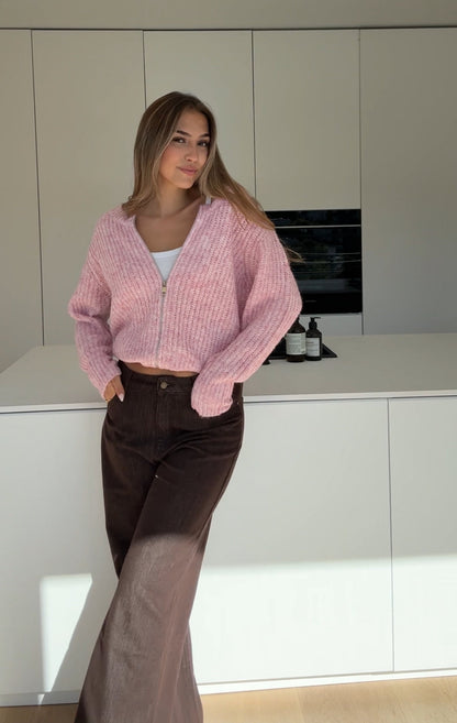 CARDIGÁN DE PUNTO ZIP ROSA