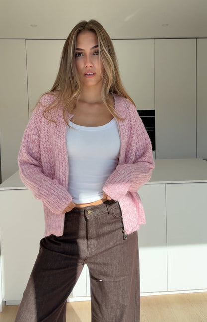 CARDIGÁN DE PUNTO ZIP ROSA