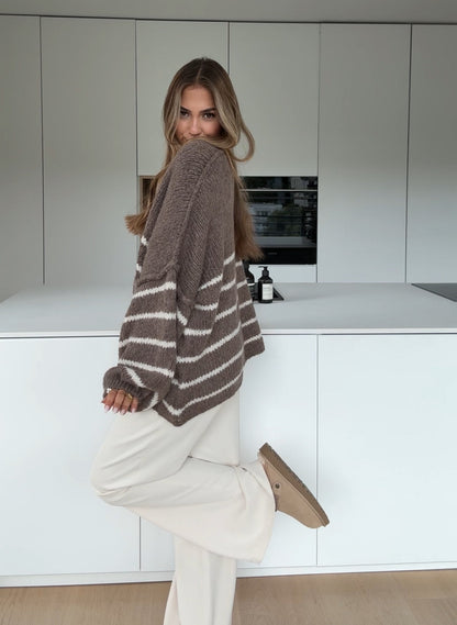 CARDIGÁN RAYADO GRUESO CANELA
