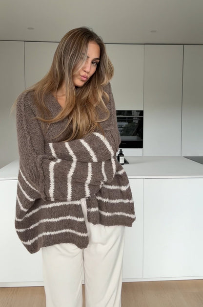 CARDIGÁN RAYADO GRUESO CANELA