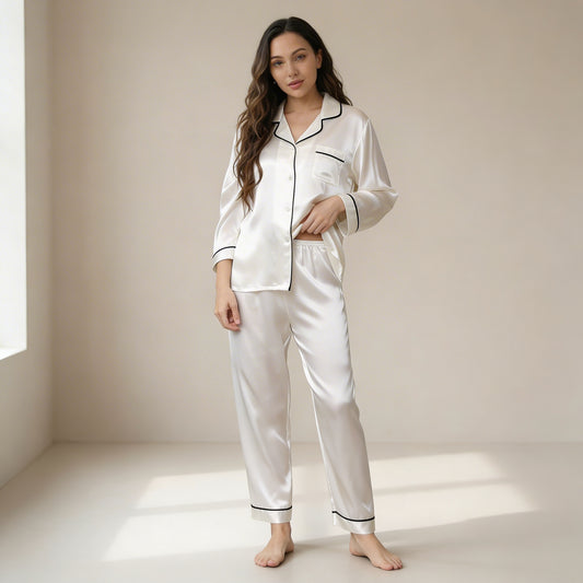 Pijama con detalles en seda pura, 2 piezas