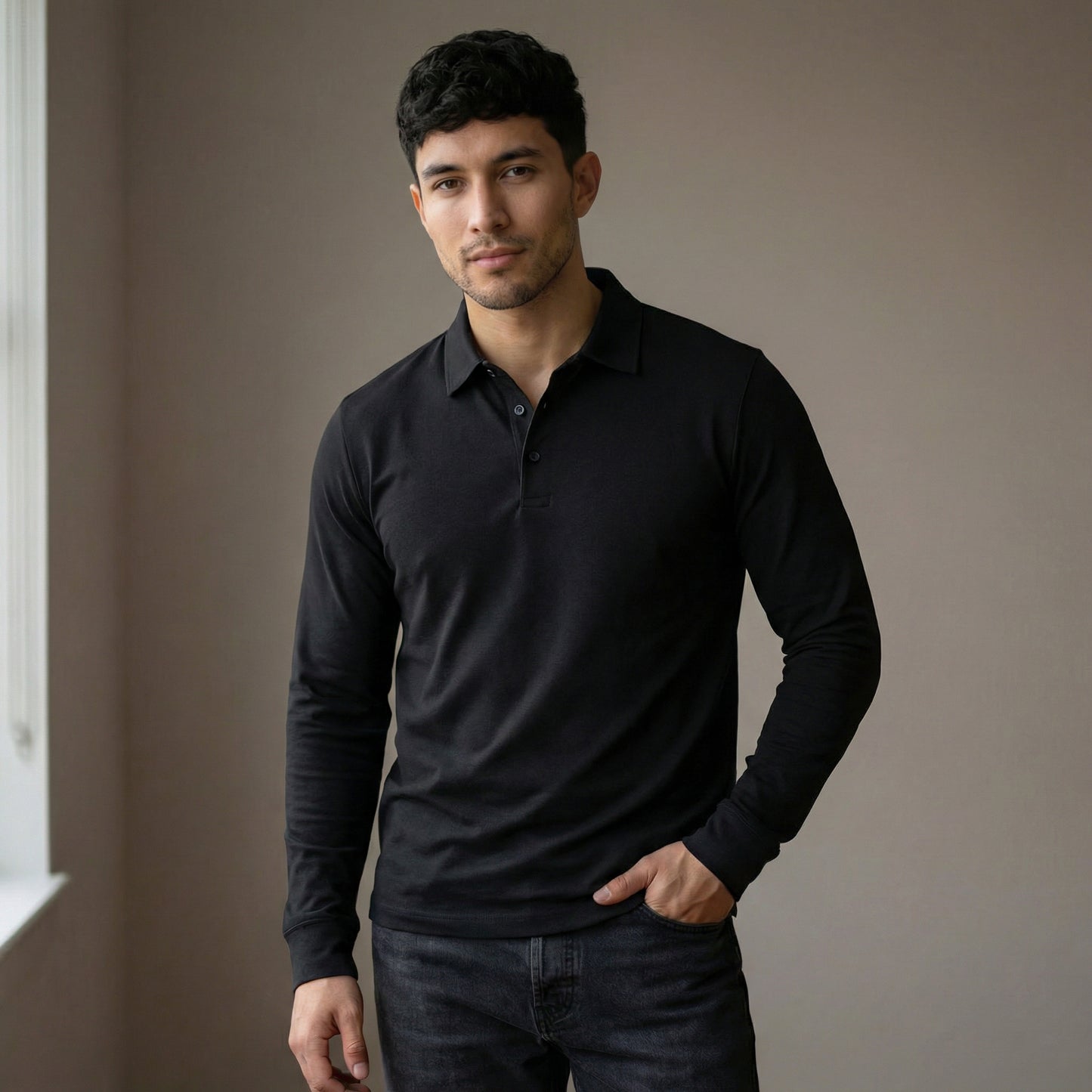 Guillermo™ | Polo casual de manga larga negro