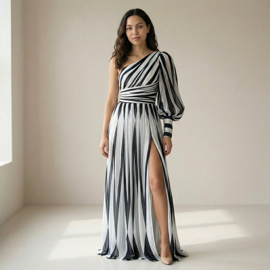 Vestido Séraphine Largo Elegante a Rayas de Una Sola Manga