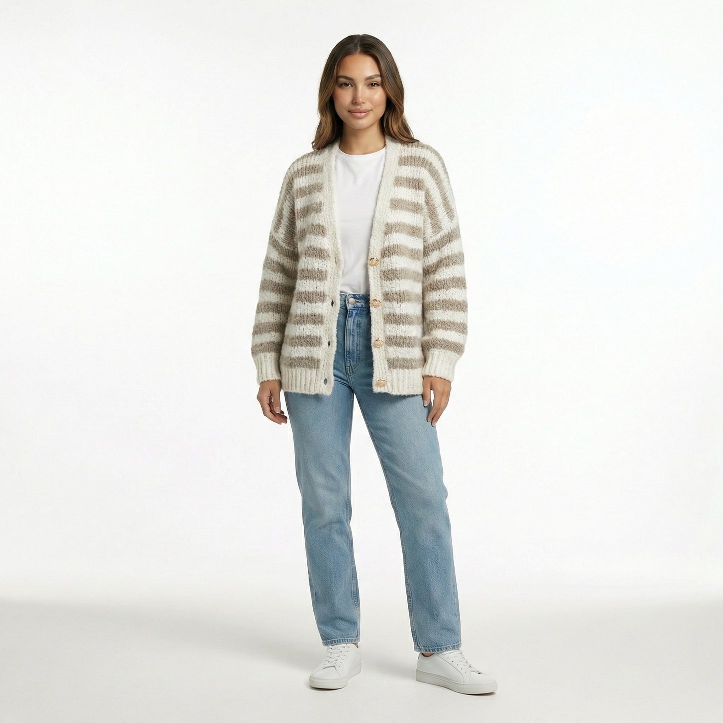 CARDIGÁN A RAYAS TEDDY CANELA