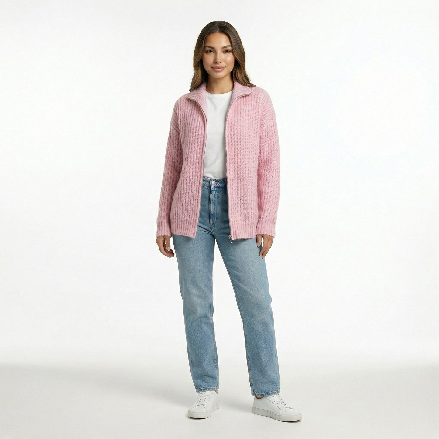 CARDIGÁN DE PUNTO ZIP ROSA