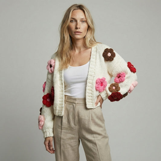 CARDIGÁN DE PUNTO HECHO A MANO CON FLORES
