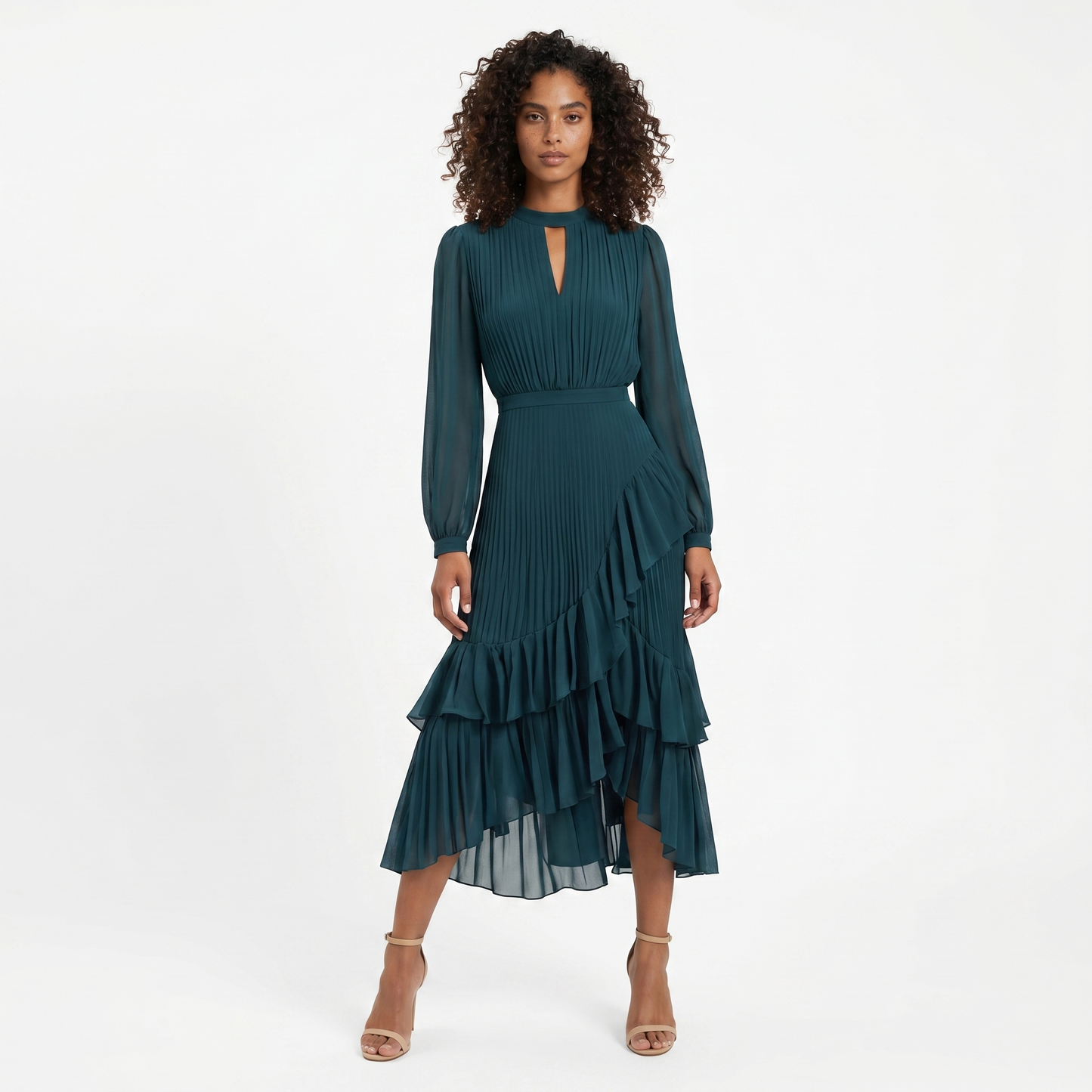 Vestido Midi Plisado para mujer con Volantes y Escote en forma de Ojo de Cerradura