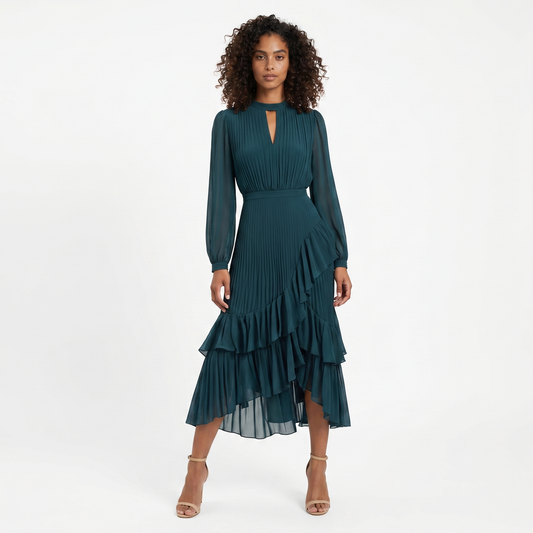 Vestido Midi Plisado para mujer con Volantes y Escote en forma de Ojo de Cerradura