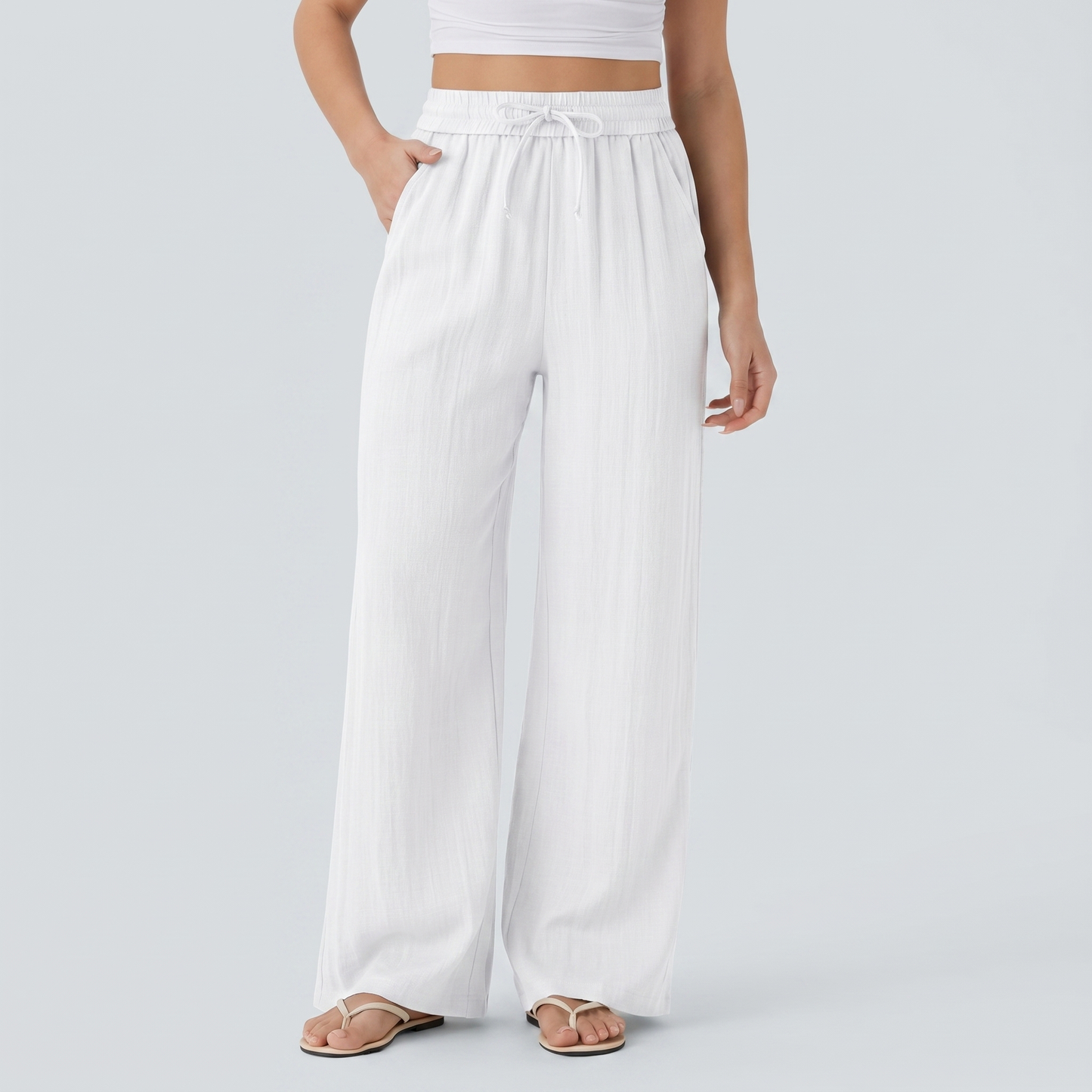 Pantalones Casuales de Cintura Alta con Cordón y Bolsillos, Estilo Lino, Pierna Ancha