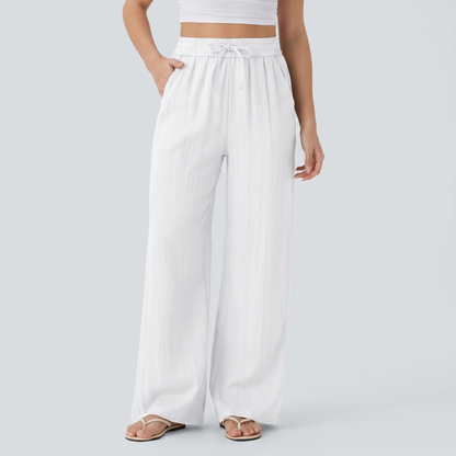 Pantalones Casuales de Cintura Alta con Cordón y Bolsillos, Estilo Lino, Pierna Ancha