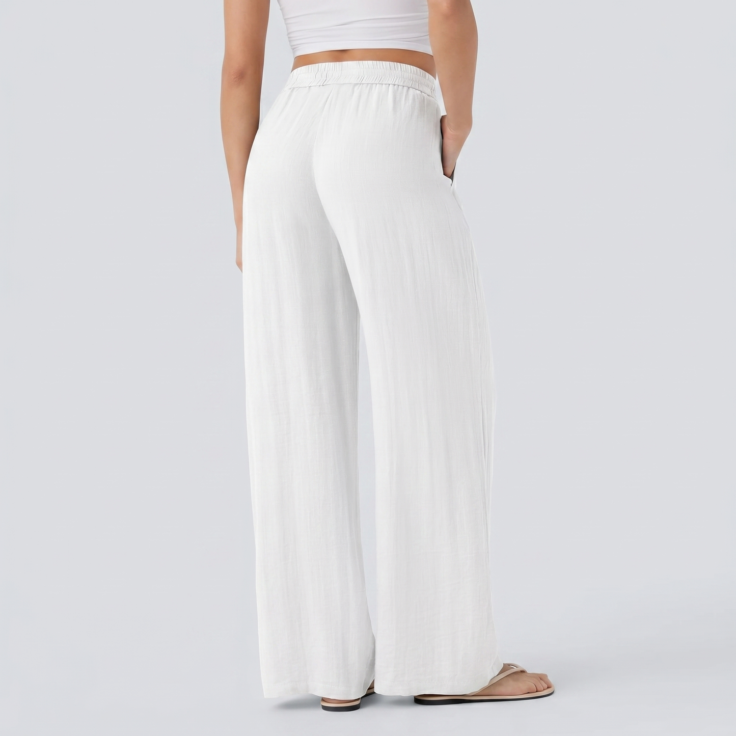 Pantalones Casuales de Cintura Alta con Cordón y Bolsillos, Estilo Lino, Pierna Ancha