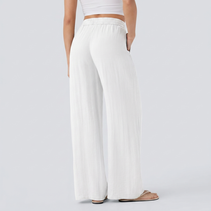 Pantalones Casuales de Cintura Alta con Cordón y Bolsillos, Estilo Lino, Pierna Ancha