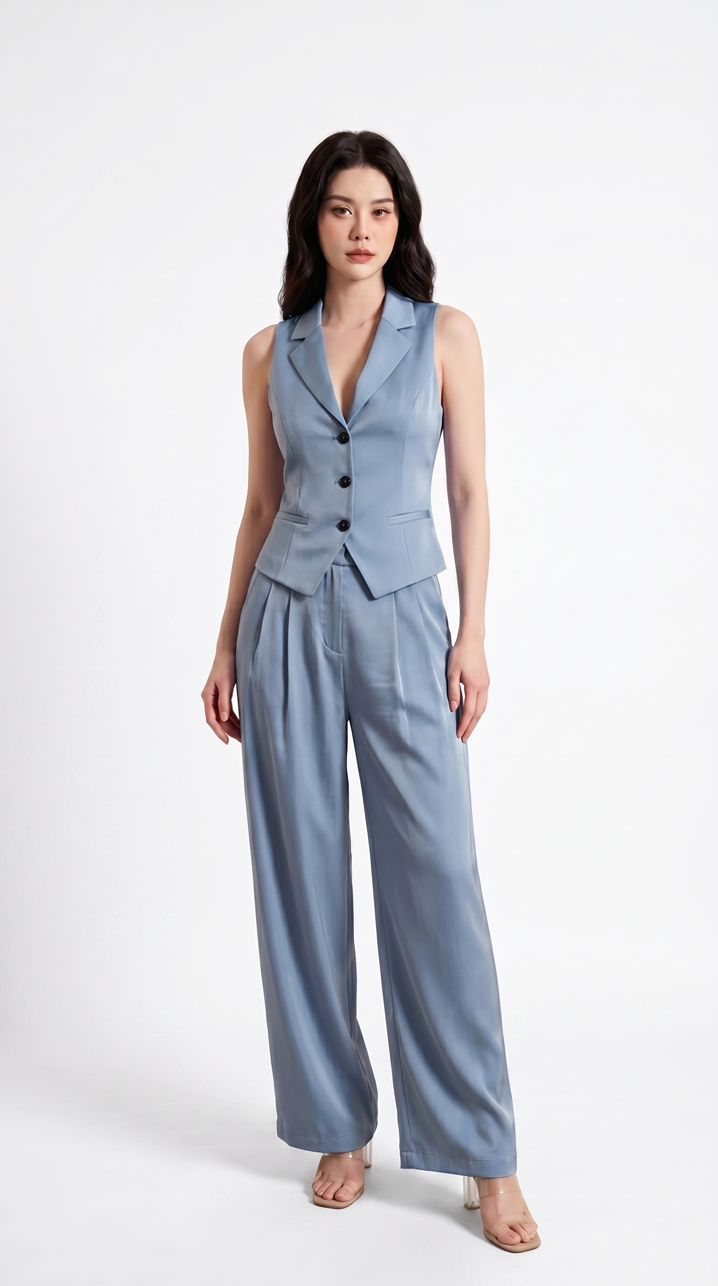 Conjunto de dos piezas para mujer con cuello en V y botones