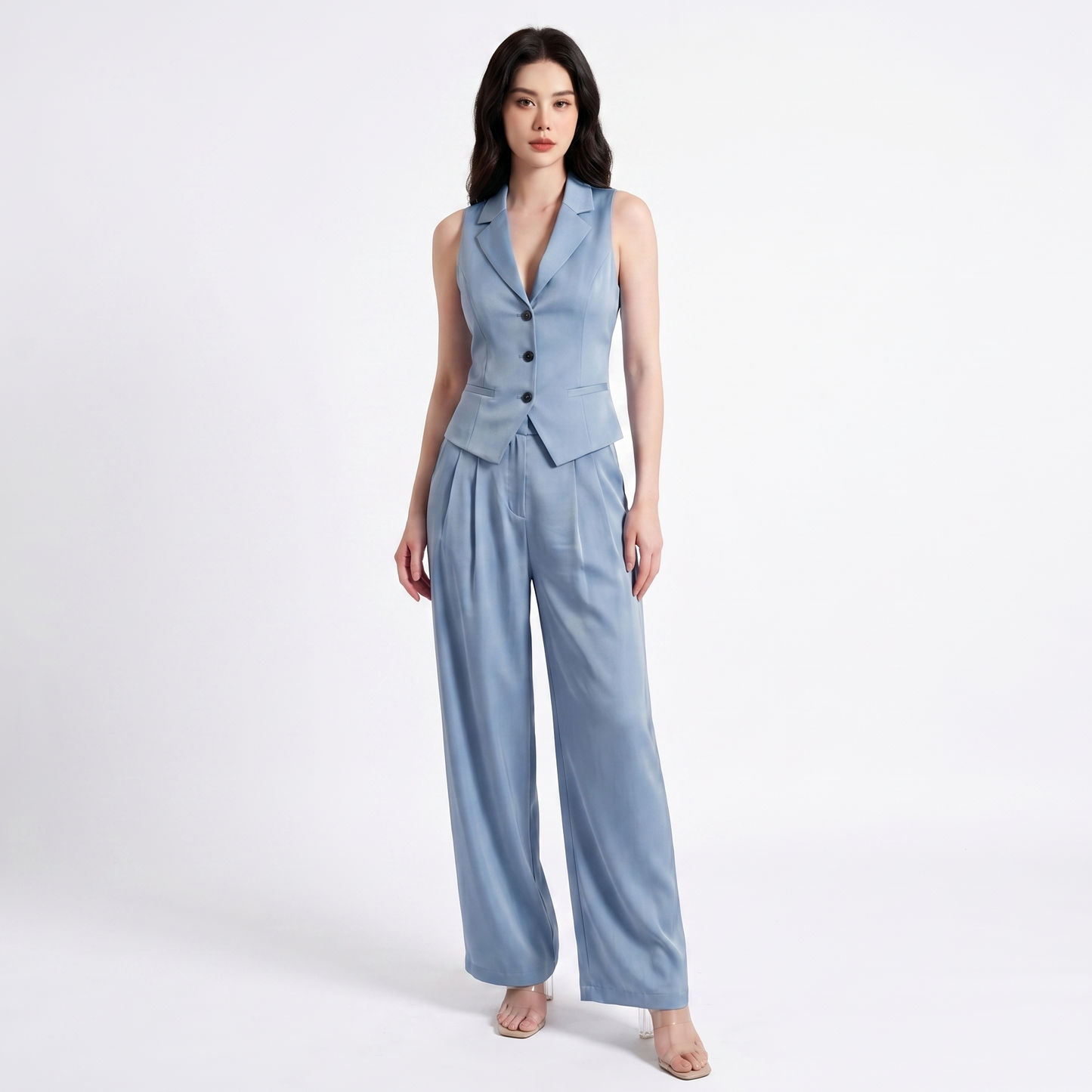 Conjunto de dos piezas para mujer con cuello en V y botones