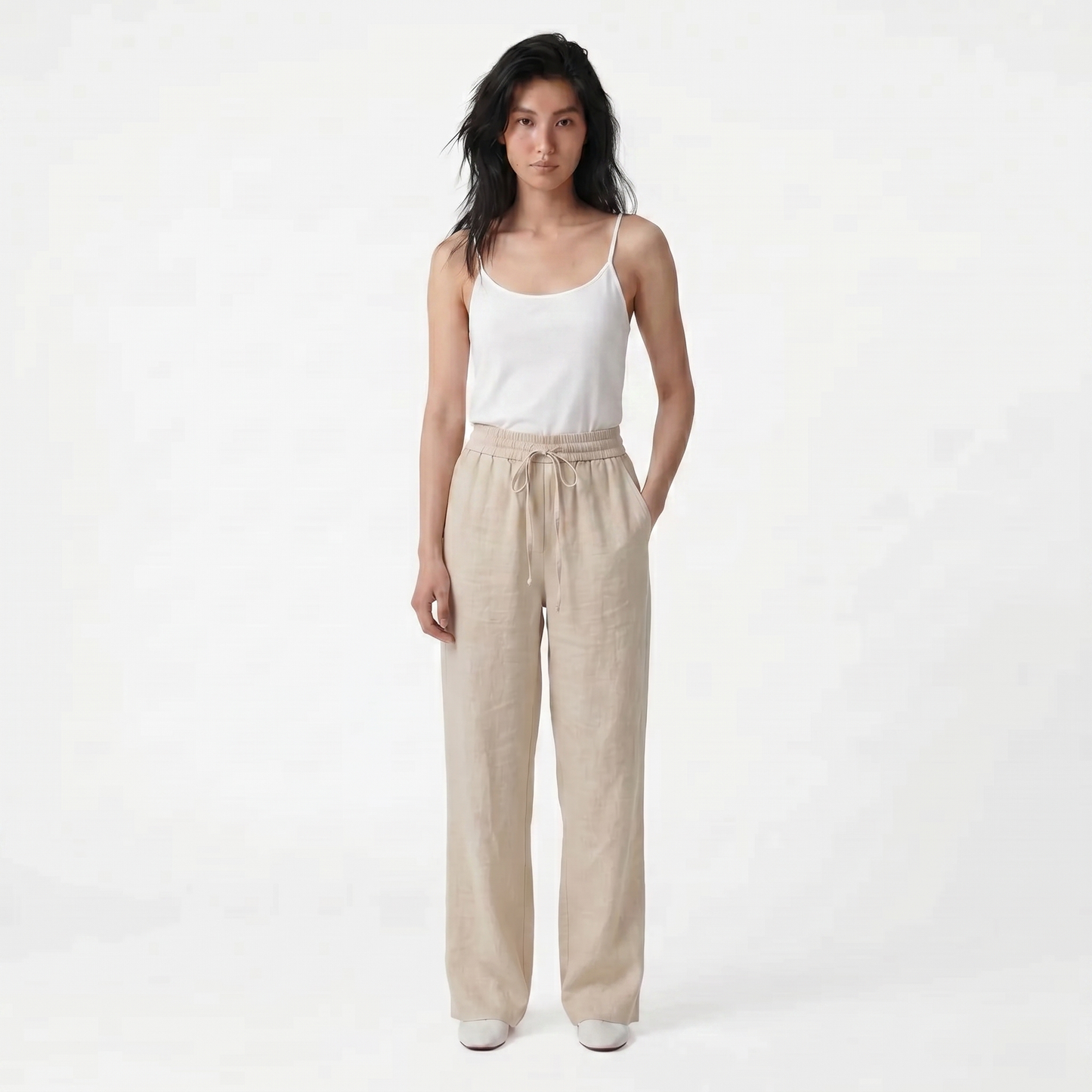 Pantalones Casuales de Cintura Alta con Cordón y Bolsillos, Estilo Lino, Pierna Ancha