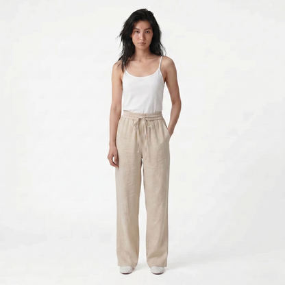 Pantalones Casuales de Cintura Alta con Cordón y Bolsillos, Estilo Lino, Pierna Ancha