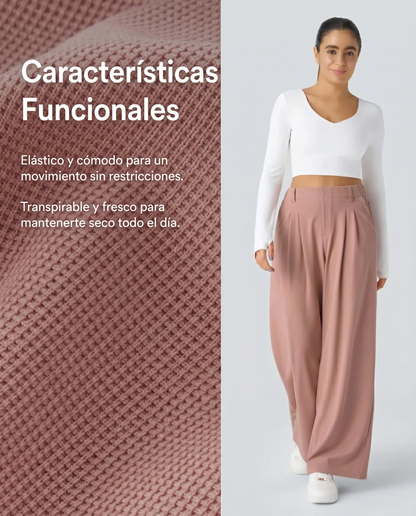 Pantalones cintura alta de pierna ancha tejido Waffle bolsillos cómodo oficina