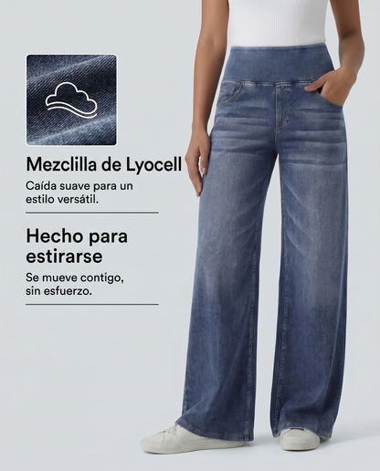 Jeans baggy casual de pierna ancha tiro medio en Lyocell efecto lavado bolsillos